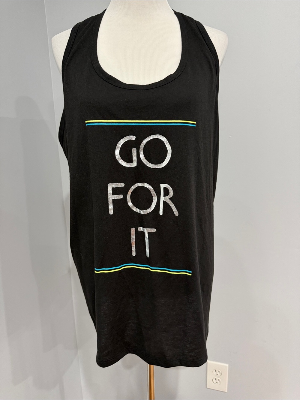 Danskin Black Tank Top with Blue and Yellow Accents